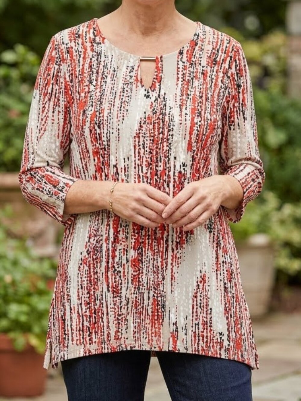 JM Collection Women's Brushstroke Tunic Blouse 3/4 Sleeves Size XL Stretchy